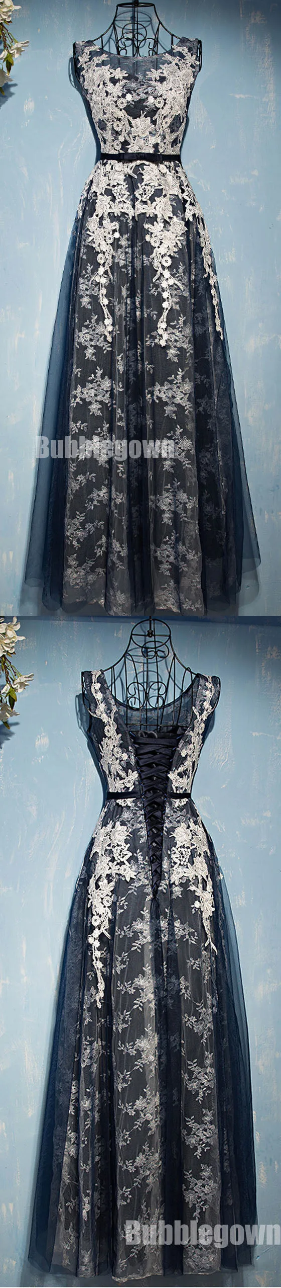 Black Tulle Applique Lace Up Back Formal Cheap Long Prom Dresses, BGP006
