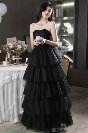Black Tulle Layers Long Party Dress, A Line Black Tulle Prom Dress APP1121