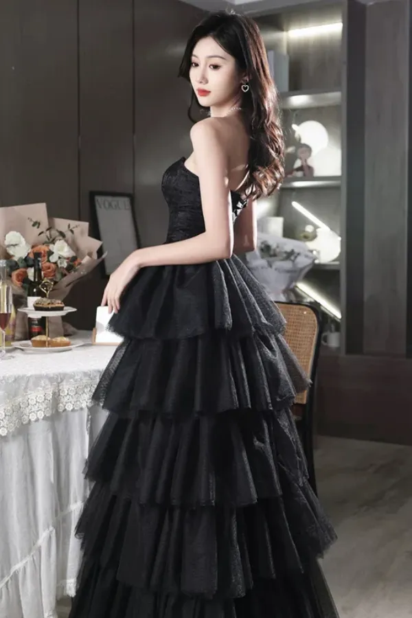 Black Tulle Layers Long Party Dress, A Line Black Tulle Prom Dress APP1121