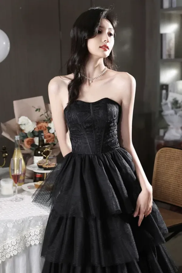 Black Tulle Layers Long Party Dress, A Line Black Tulle Prom Dress APP1121
