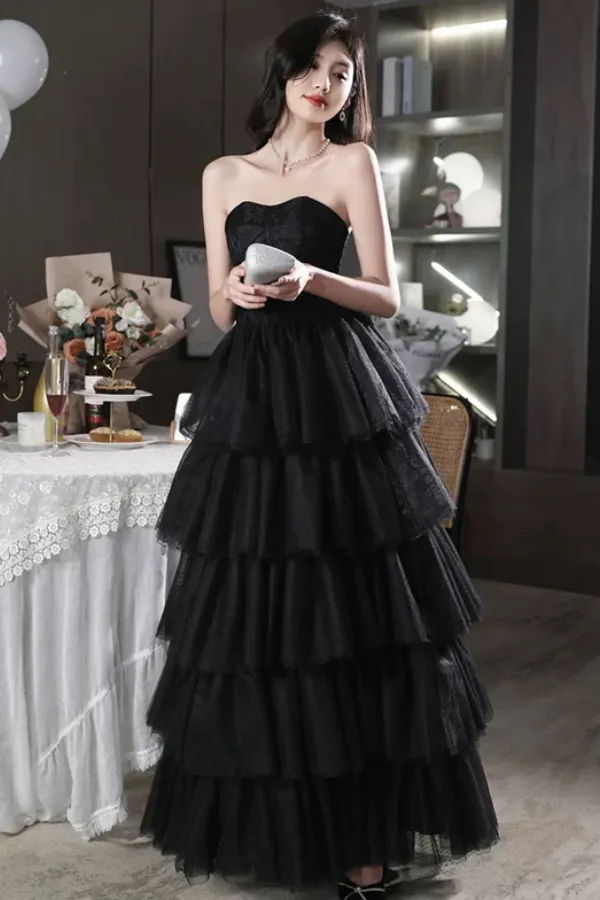 Black Tulle Layers Long Party Dress, A Line Black Tulle Prom Dress APP1121