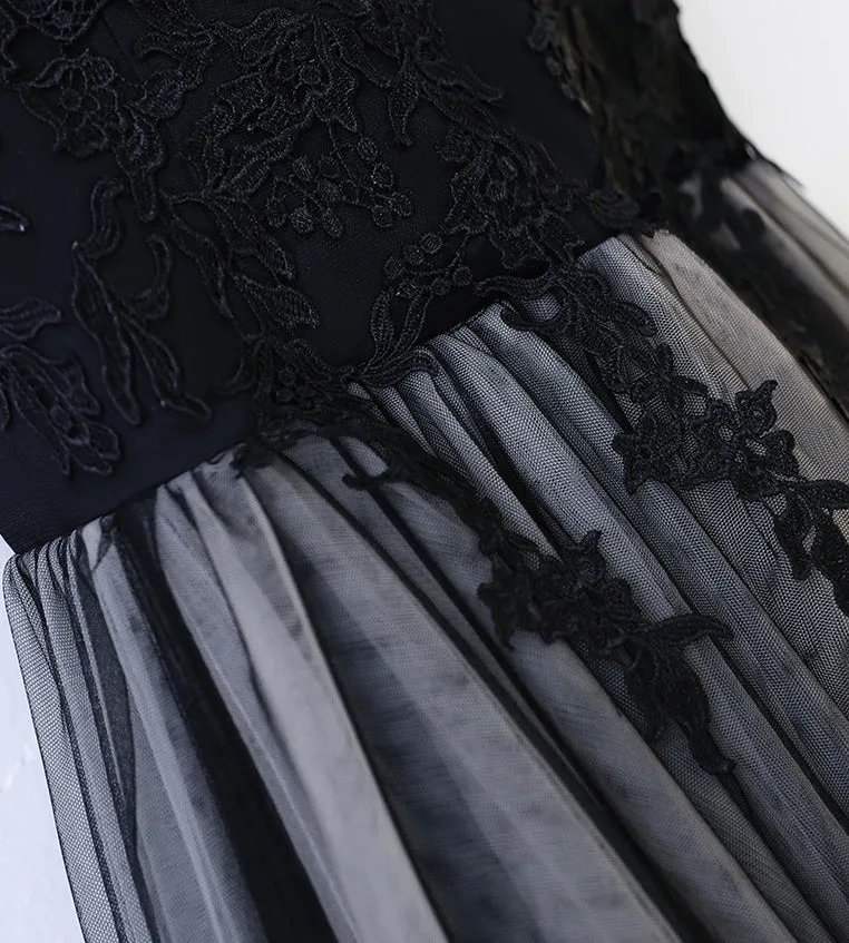Black V Neck Formal Tulle Applique Lace Up Back Long Prom Dresses, BGP020