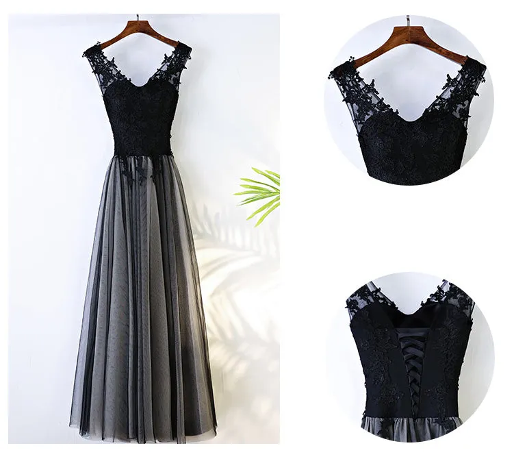 Black V Neck Formal Tulle Applique Lace Up Back Long Prom Dresses, BGP020