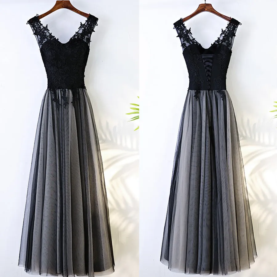 Black V Neck Formal Tulle Applique Lace Up Back Long Prom Dresses, BGP020