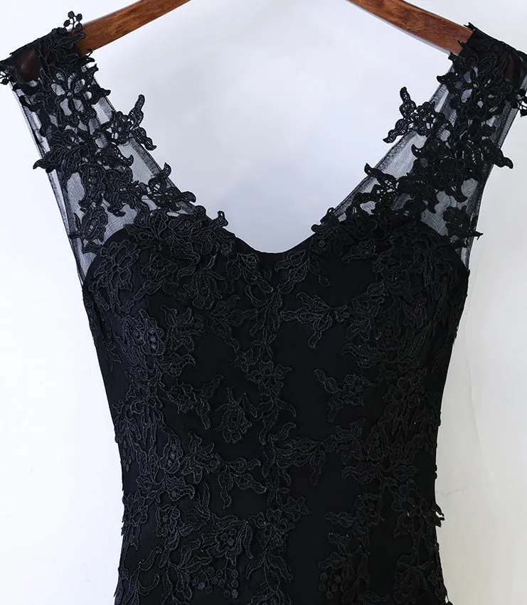 Black V Neck Formal Tulle Applique Lace Up Back Long Prom Dresses, BGP020