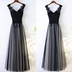 Black V Neck Formal Tulle Applique Lace Up Back Long Prom Dresses, BGP020