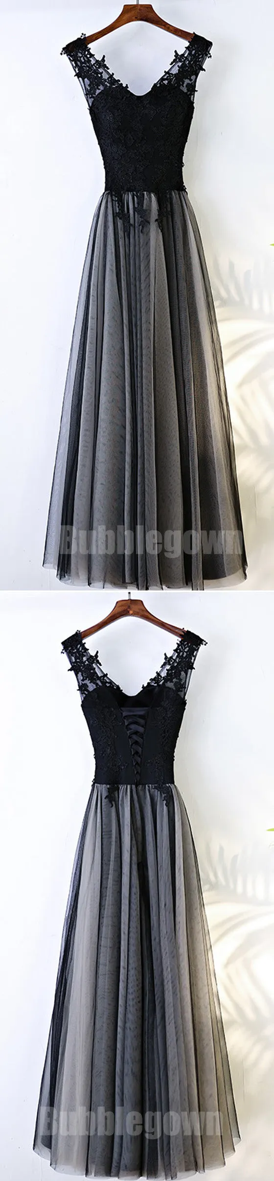 Black V Neck Formal Tulle Applique Lace Up Back Long Prom Dresses, BGP020