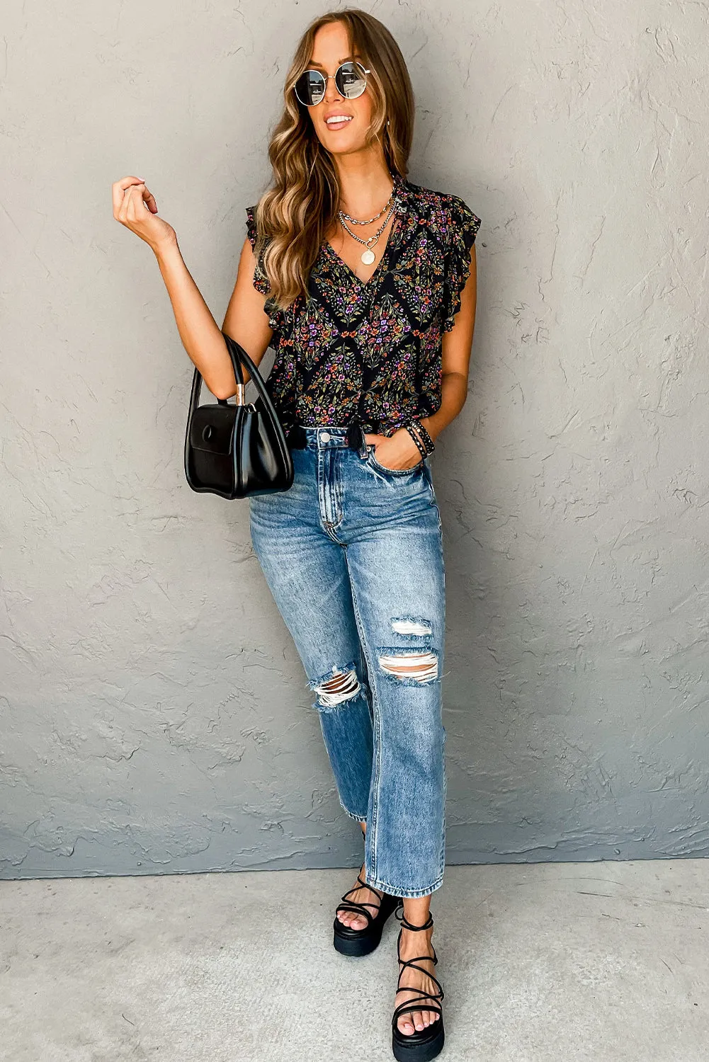 Black Vintage Floral Ruffle Sleeve V Neck Blouse