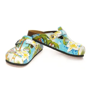 Blue and White Roun Patterned, Tropical Leaf and Flowers Patterned Clogs - WCAL337