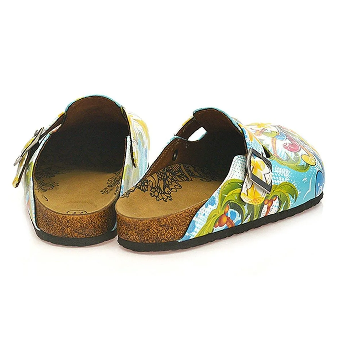 Blue and White Roun Patterned, Tropical Leaf and Flowers Patterned Clogs - WCAL337