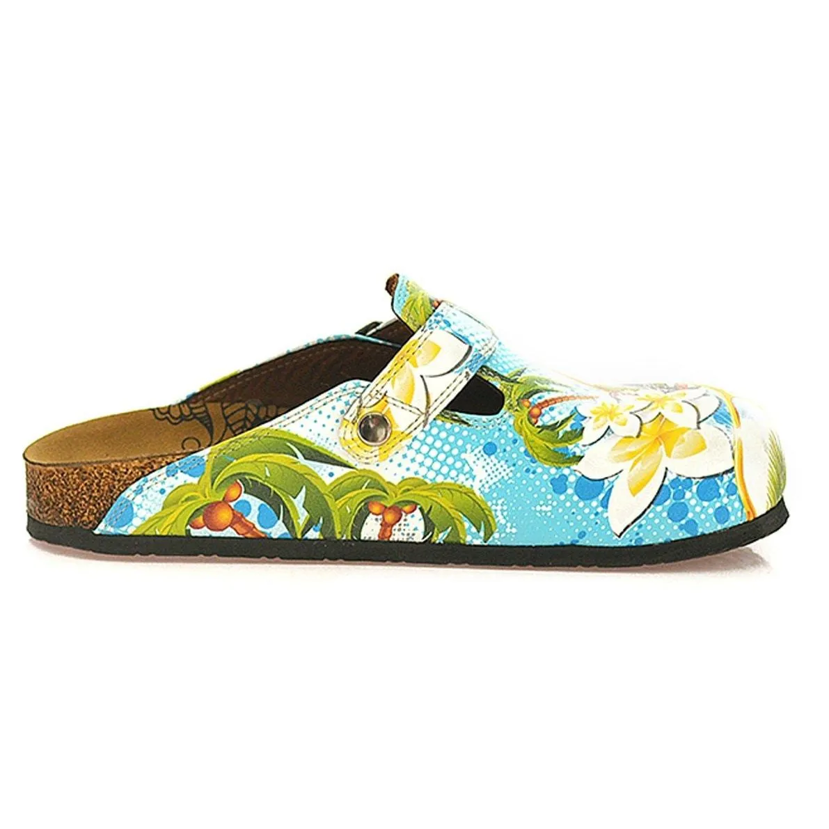Blue and White Roun Patterned, Tropical Leaf and Flowers Patterned Clogs - WCAL337