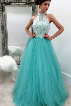 blue tulle lace a line long high-neck prom/evening dresses for teens OK232