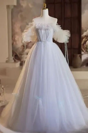 Blue Tulle Long A Line Prom Dress, Beautiful Off the Shoulder Evening Party Dress APP1045