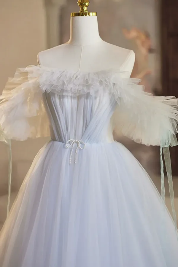 Blue Tulle Long A Line Prom Dress, Beautiful Off the Shoulder Evening Party Dress APP1045