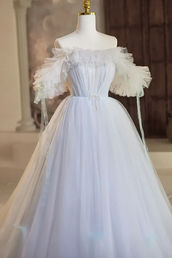 Blue Tulle Long A Line Prom Dress, Beautiful Off the Shoulder Evening Party Dress APP1045
