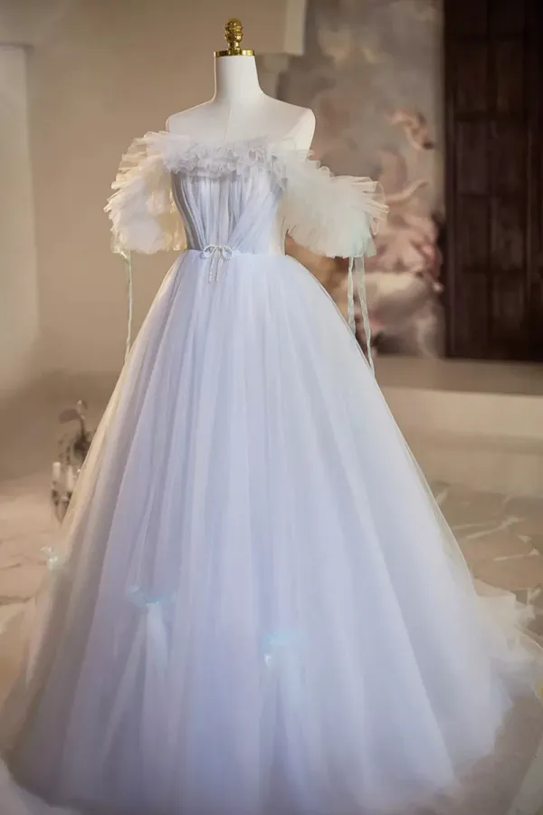 Blue Tulle Long A Line Prom Dress, Beautiful Off the Shoulder Evening Party Dress APP1045