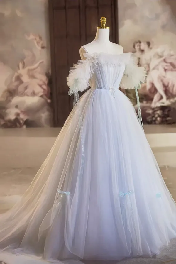 Blue Tulle Long A Line Prom Dress, Beautiful Off the Shoulder Evening Party Dress APP1045