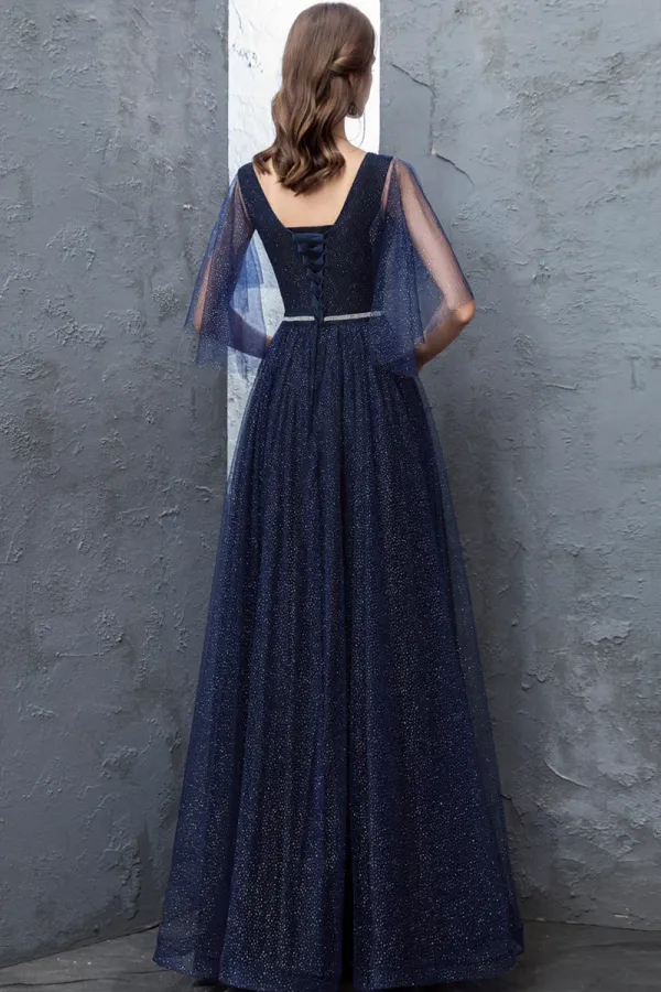 Blue Tulle Long A Line Prom Dress, Cute V Neck Graduation Dress APP0790