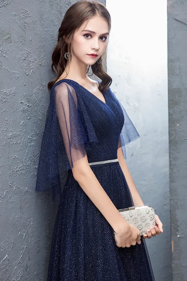Blue Tulle Long A Line Prom Dress, Cute V Neck Graduation Dress APP0790