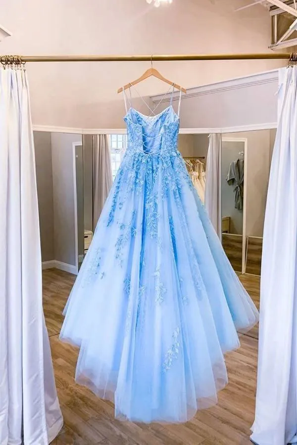 Blue Tulle Long Backless A Line Prom Dress Evening Dress TP0975