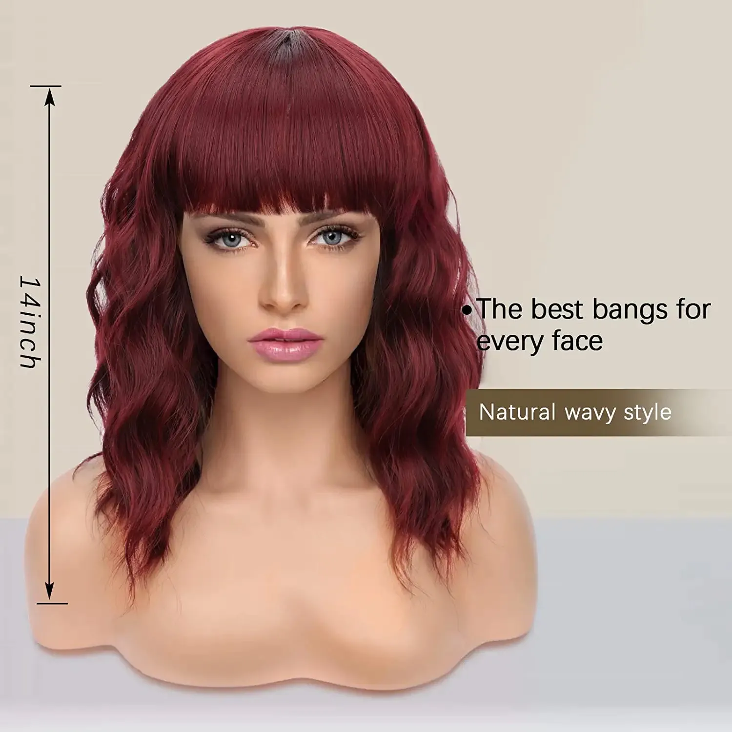 Bob Wavy Burgundy Hair Wig with Bang