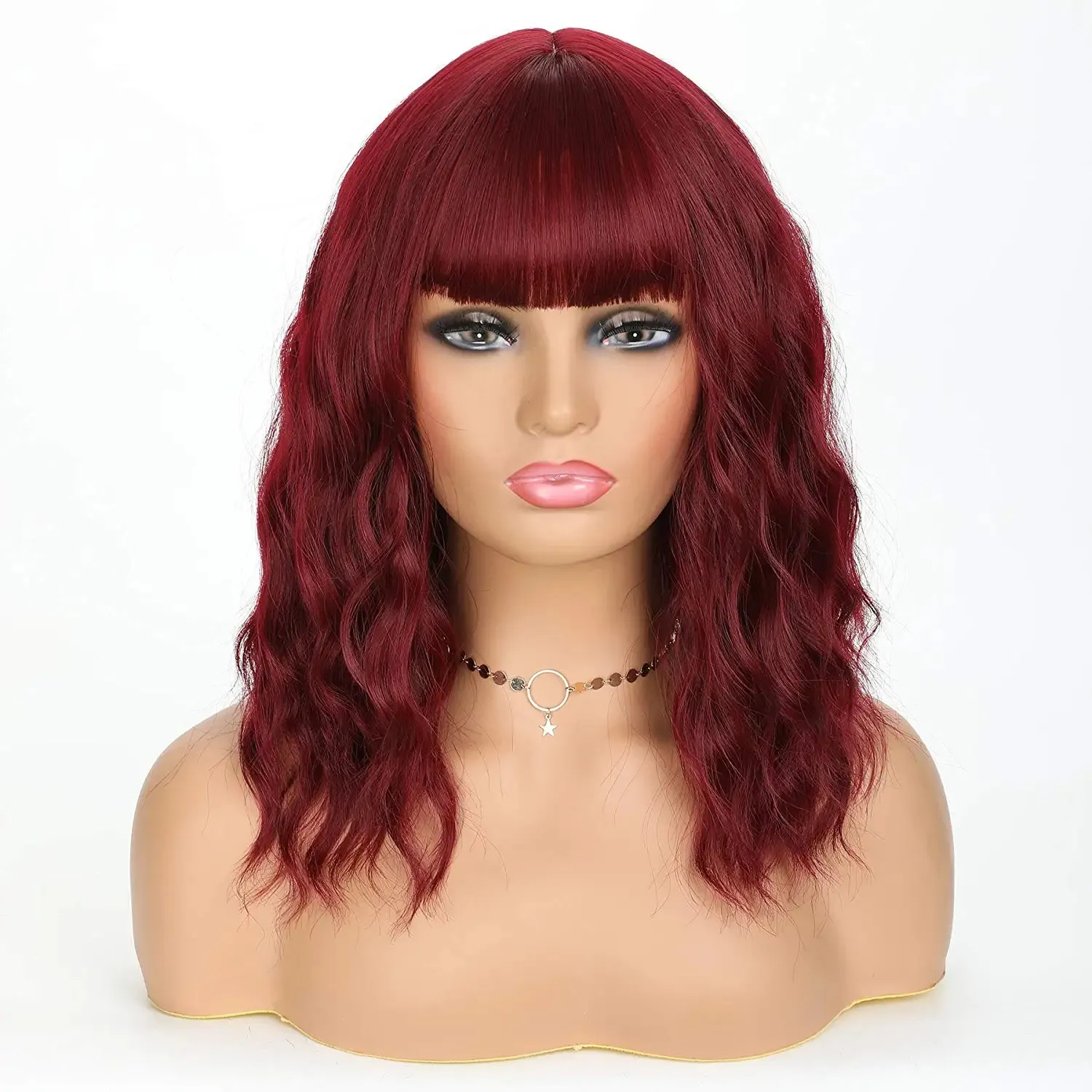 Bob Wavy Burgundy Hair Wig with Bang