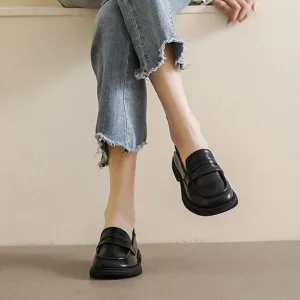 British Style Chunky Heel Loafers Round Toe Women's Shoes