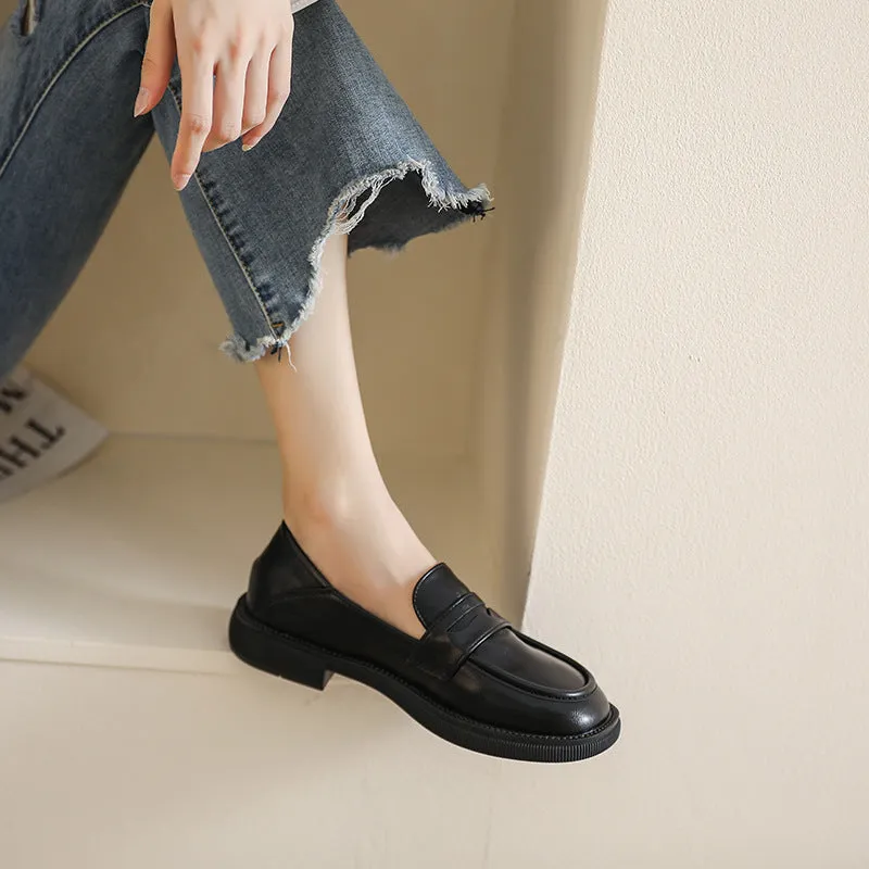 British Style Chunky Heel Loafers Round Toe Women's Shoes