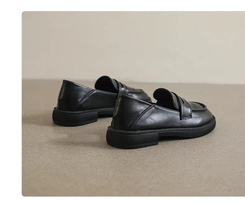 British Style Chunky Heel Loafers Round Toe Women's Shoes