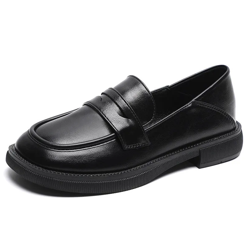 British Style Chunky Heel Loafers Round Toe Women's Shoes