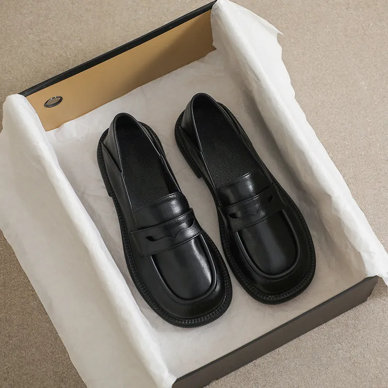 British Style Chunky Heel Loafers Round Toe Women's Shoes