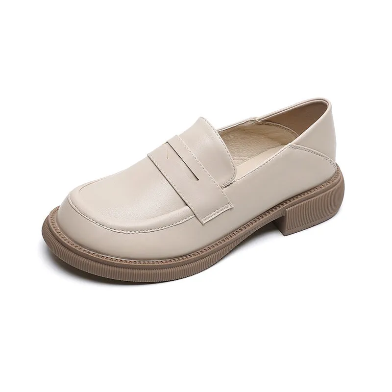 British Style Chunky Heel Loafers Round Toe Women's Shoes