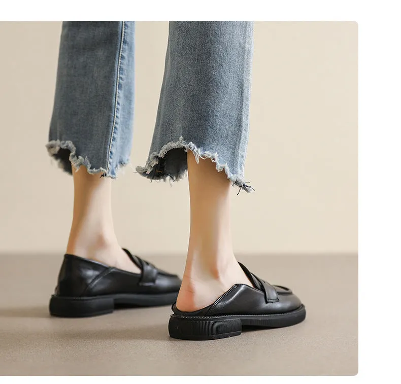 British Style Chunky Heel Loafers Round Toe Women's Shoes