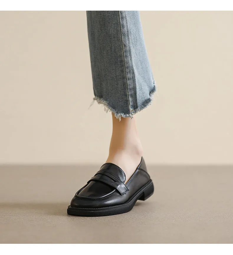 British Style Chunky Heel Loafers Round Toe Women's Shoes
