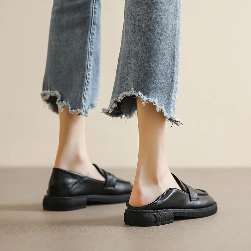 British Style Chunky Heel Loafers Round Toe Women's Shoes