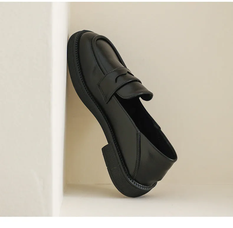 British Style Chunky Heel Loafers Round Toe Women's Shoes