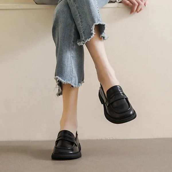 British Style Chunky Heel Loafers Round Toe Women's Shoes
