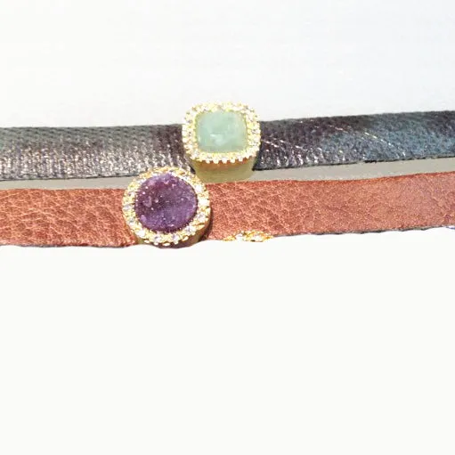 Brown Leather Bracelet with Amethyst Druise Stone