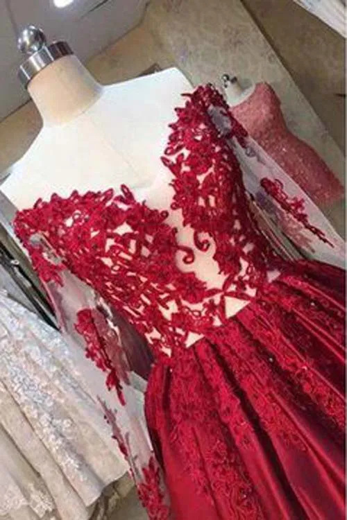Burgundy A-line Floor-Length Long Sleeves Sweetheart Lace Prom Dresses, SP428