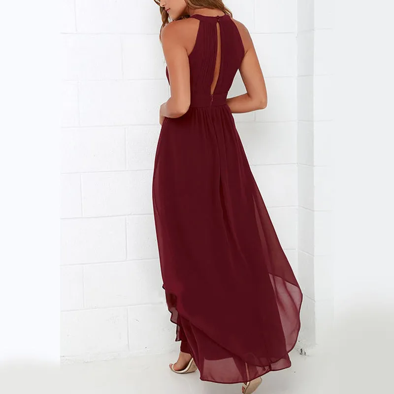 Burgundy Chiffon Cheap Side-slit Jewel-neck Flowy Long Bridesmaid Dresses, PD218