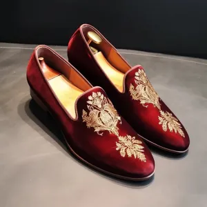 Burgundy Leather Embroidery Work Peshawari Loafers Mens | Wedding Shoes for Groom | Shoes for Haldi Mehendi Sangeet