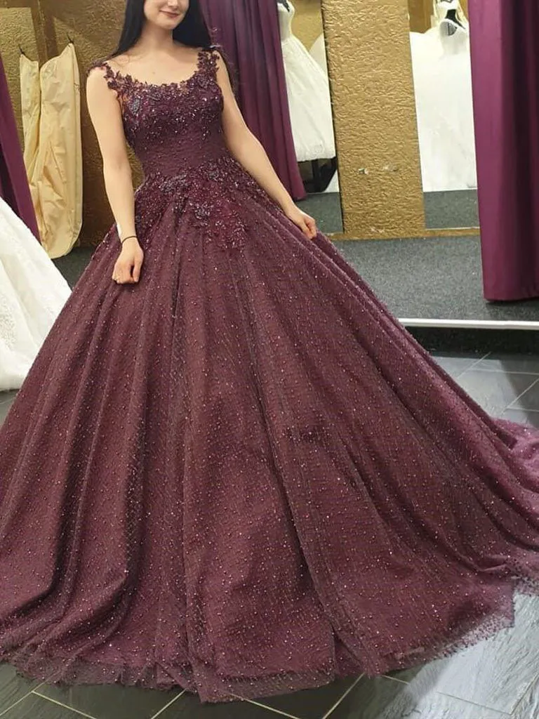 Burgundy Long Formal Ball Gown Prom Dress With Lace Applique OKK52