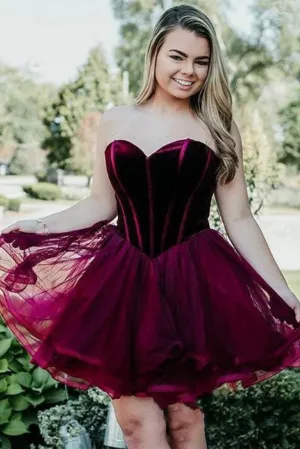 Burgundy Short Tulle Sweetheart A Line Mini Cocktail Party Dresses,Cheap Homecoming Dresses OKC16