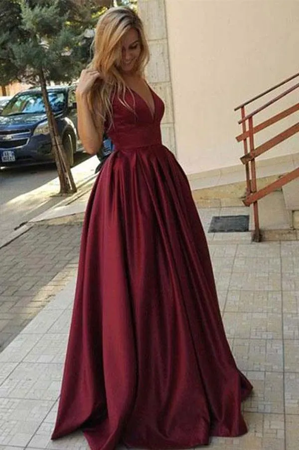Burgundy Simple V Neck Long Prom Dress, Floor Length Evening Dress, M94