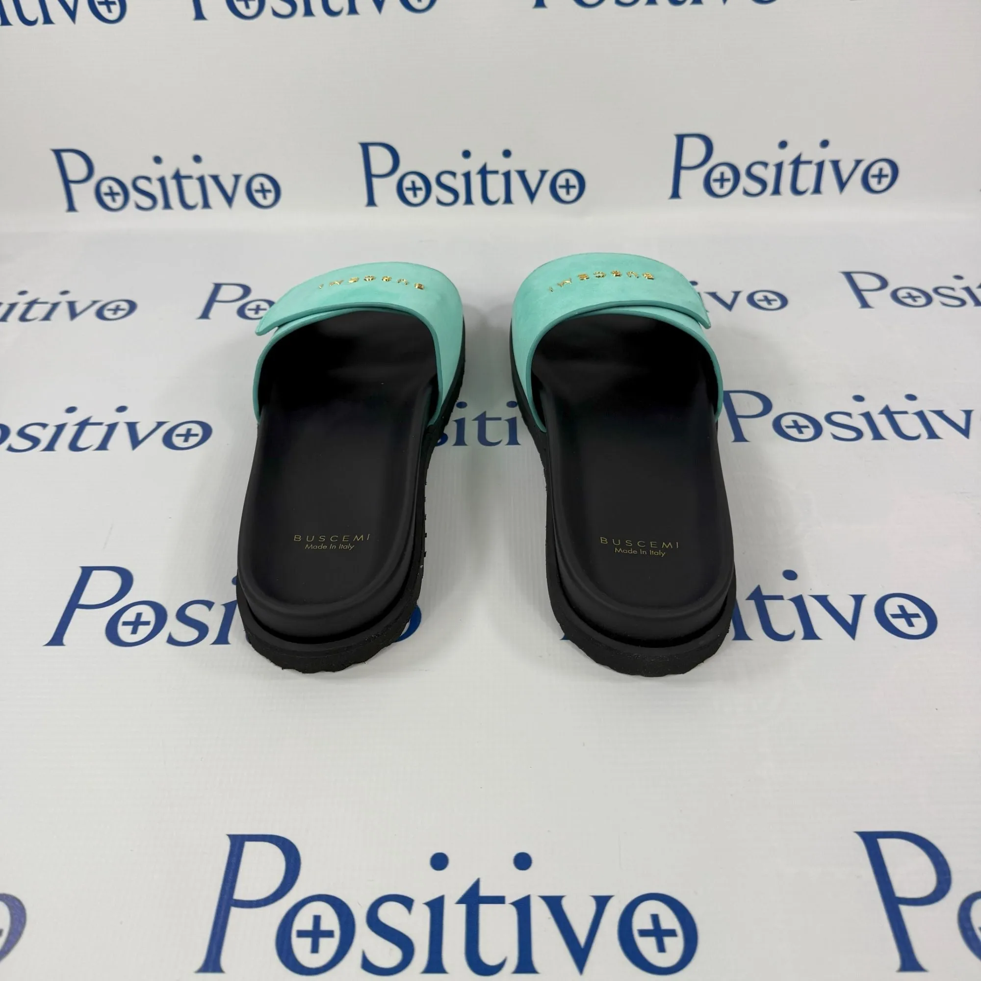 Buscemi Scratch Slide Turquoise Leather Sandals