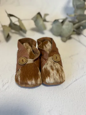 Button Bootie - Tan Leather and Cowhide