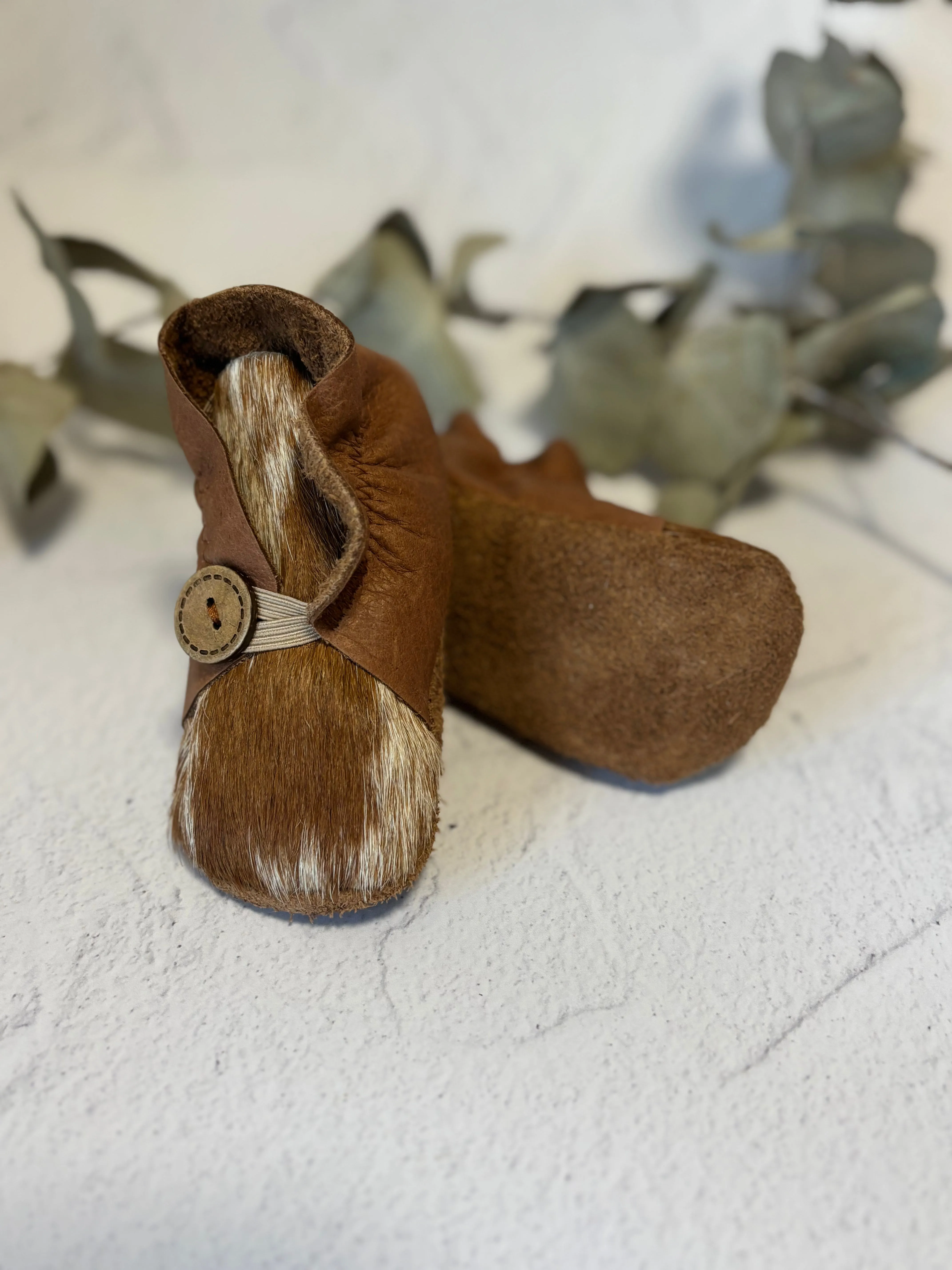 Button Bootie - Tan Leather and Cowhide