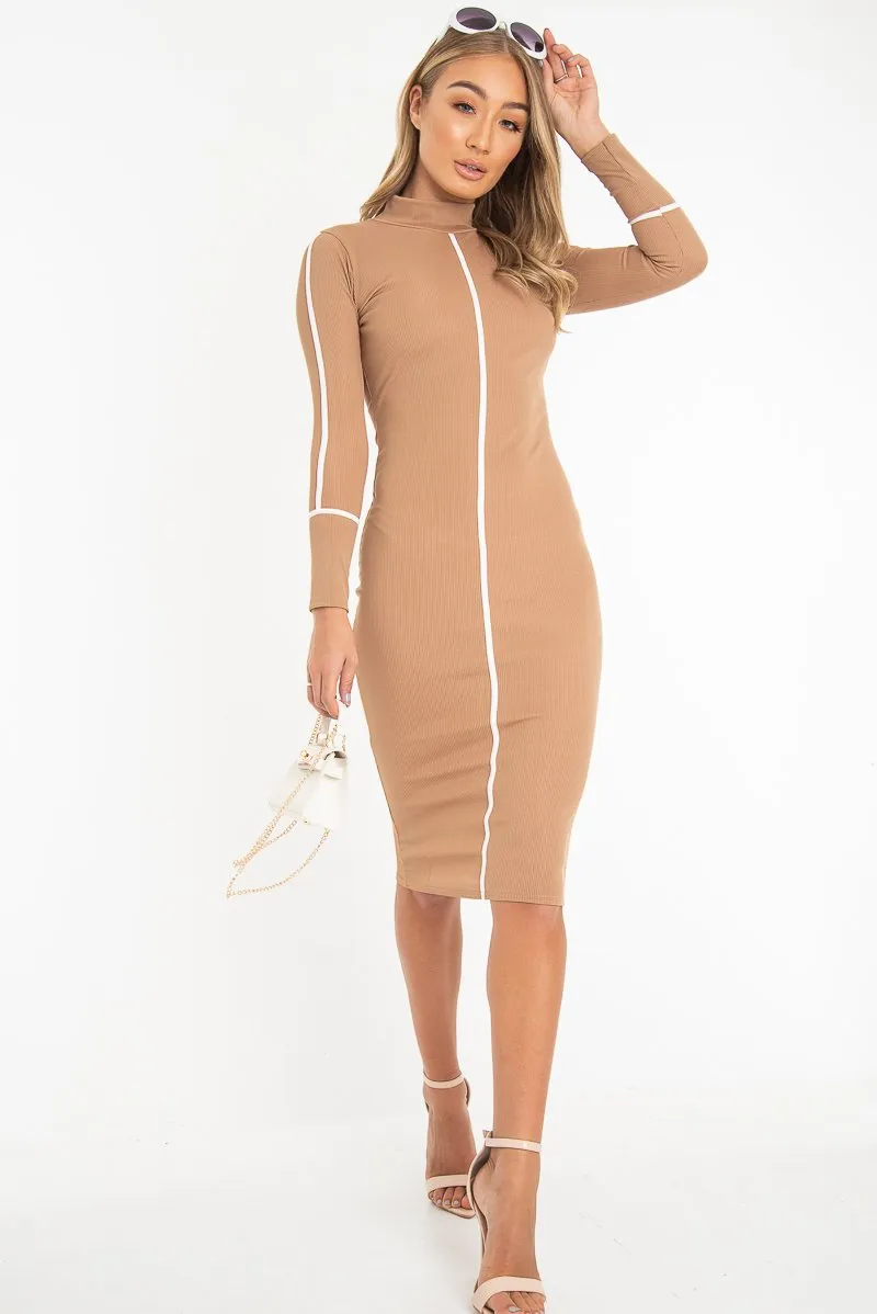 Camel Contrast Stripe Detail High Neck Midi Dress - Niana
