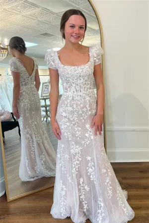 Cap Sleeves Mermaid Champagne Lace Long Prom Dresses APP0773