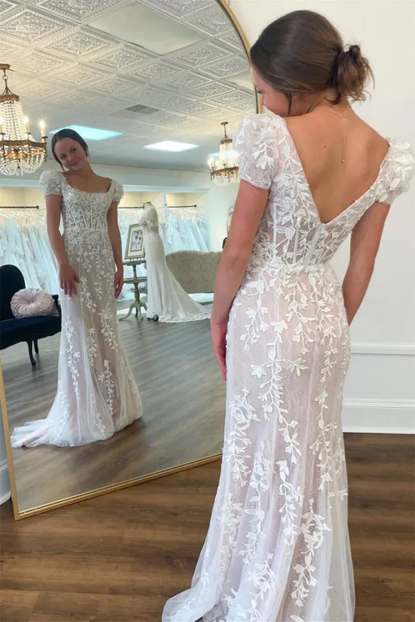Cap Sleeves Mermaid Champagne Lace Long Prom Dresses APP0773
